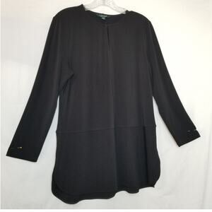 Lauren Ralph Lauren Black Long Sleeve Polyester Top Hi-Low Rnd V-neck Hem Size L